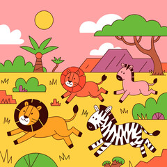 Naklejka premium Cartoon Safari Animals Playing on the Grassland