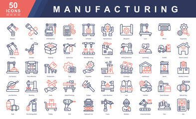 Manufacturing color outline icon set featuring tools, machinery, robotics, and production elements. Ideal for industrial platforms, factory planning, safety manuals, and engineering presentations.