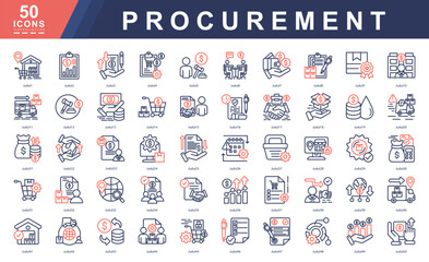Procurement color outline icon set illustrating sourcing, contracts, budgeting, and logistics. Ideal for business tools, supply chain platforms, vendor management, and financial presentations.