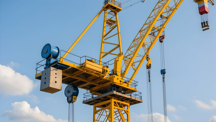 Fototapeta premium a yellow tower crane during a construction project, with the jib extended to its full length