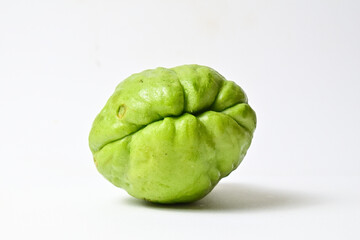 Close up view of chayote isolated on white background. Clipping path. Green. Fresh. Side view. Front view.