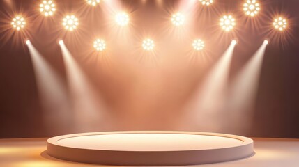 Bright spotlights highlighting empty circular stage platform, casting dramatic lighting for potential performance or product showcase