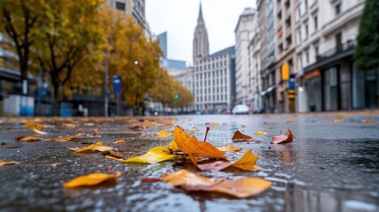 Fototapeta premium Autumnal city street after rain. Fallen leaves on wet pavement. Urban scene with blurred buildings and trees