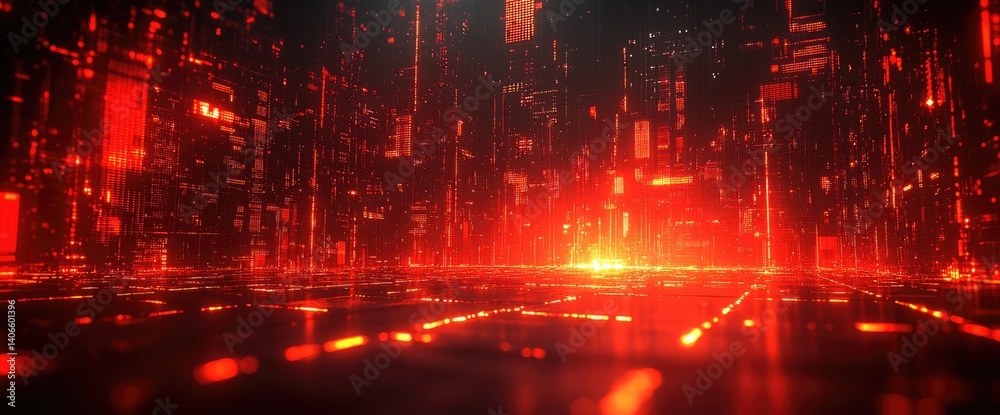Sticker red cityscape abstract rendering with bright center glow and geometric shapes