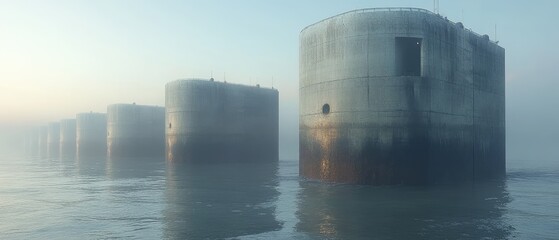 Obraz premium Concrete structures stand in water shrouded in fog. Soft lighting with a sense of mystery
