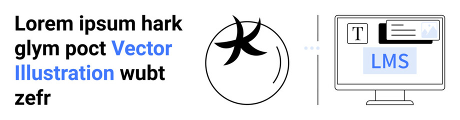 Circle with abstract design beside computer showing text formatting and LMS interface. Ideal for education, technology, e-learning, knowledge sharing, content creation, digital tools, simple landing