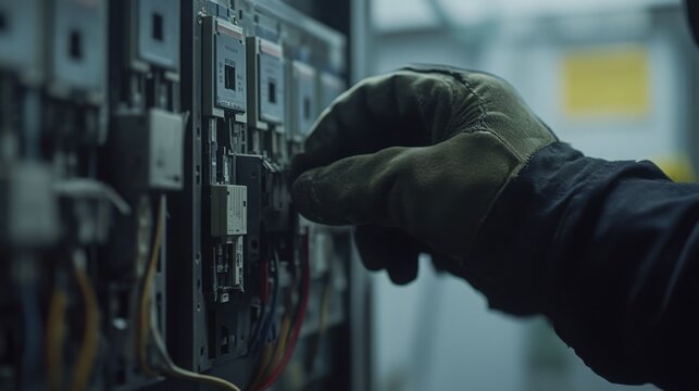 Electrician installing electrical outlets and wiring in a commercial building. Featuring electrical work and safety
