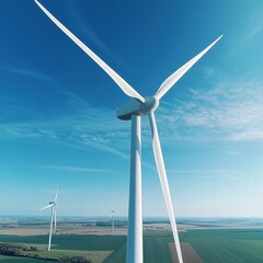 Wind turbine nestled in a green field with open spaces and clear blue sky in the background