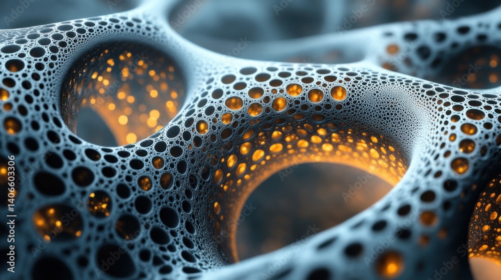 Poster an abstract image featuring intricate patterns of interconnected spheres with glowing centers, creat