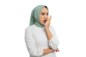 Beautiful young Asian woman in green hijab and white blouse checking breath freshness, worried about poor oral hygiene isolated on transparent background