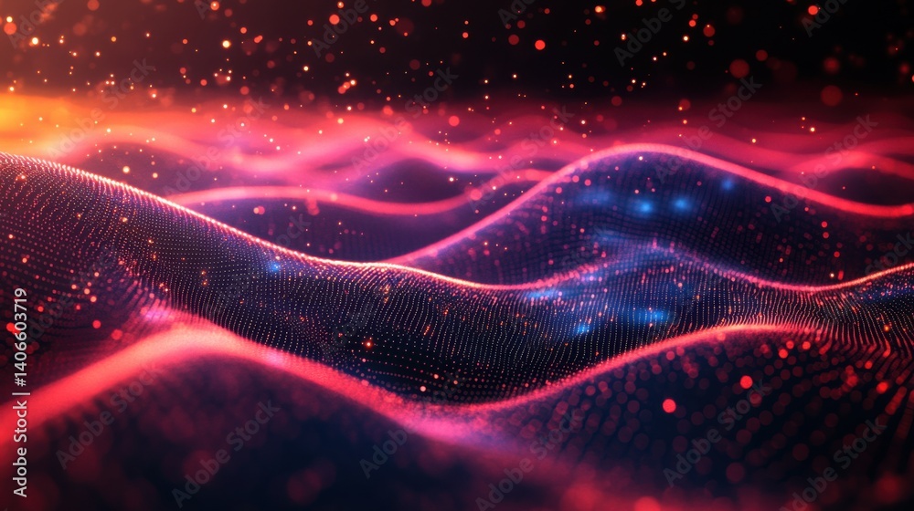 Poster a vibrant, abstract representation of waves, featuring dynamic colors and glowing particles, creatin
