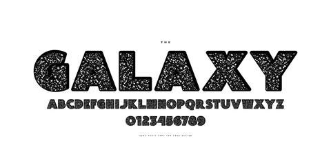 Decorative sans serif font with night starry texture. Letters and numbers for headline and emblem design © neuevector