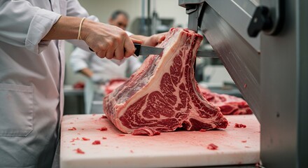 Butcher expertly slicing a large raw beef rib primal cut using a meat band saw in a commercial butcher shop.