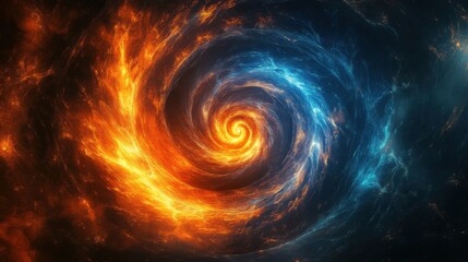 A mesmerizing swirl of orange and blue, resembling a cosmic vortex, evoking a sense of mystery and the vastness of space.