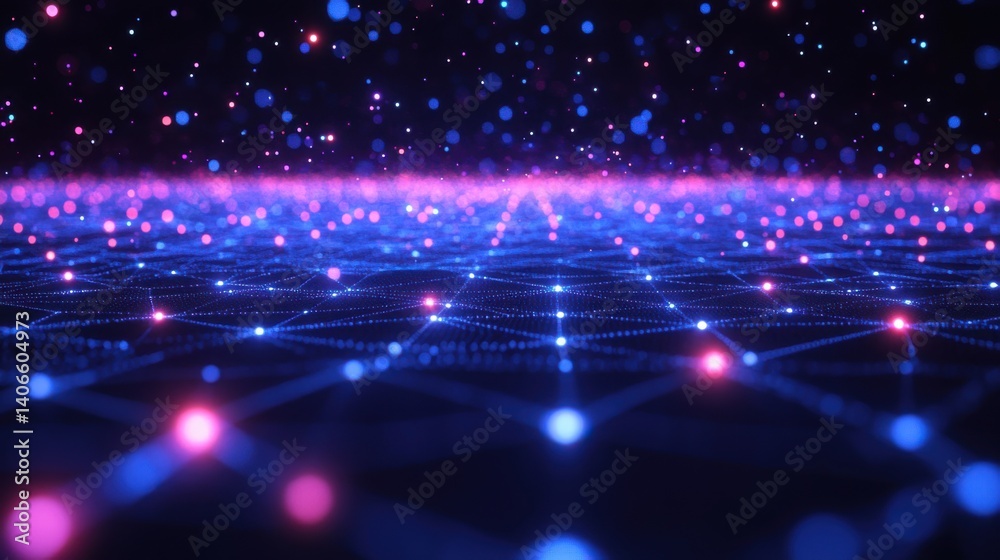 Poster a vibrant digital landscape filled with glowing points of light, creating a mesmerizing net-like pat
