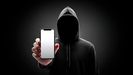 Anonymous Hacker Holding Smartphone with Blank Screen