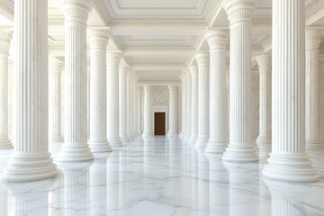 Fototapeta premium Elegant hall with marble floors & pillars leading to a wood door at the end