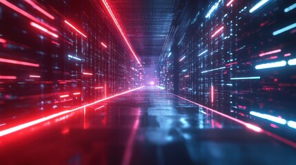 A futuristic corridor illuminated by red and blue lights, creating a dynamic and immersive environment with high-tech aesthetics.