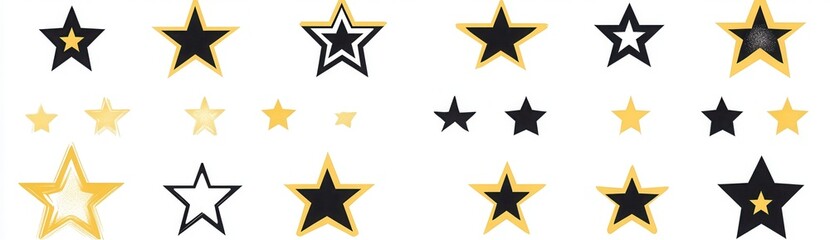 Obraz premium 30 different yellow and black star icons, a simple vector icon set on a transparent background, each on its own line for easy use.