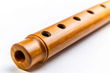 Naklejka premium Traditional Bamboo Flute – Close-up of a Wooden Flute with Bamboo Texture on a White Background