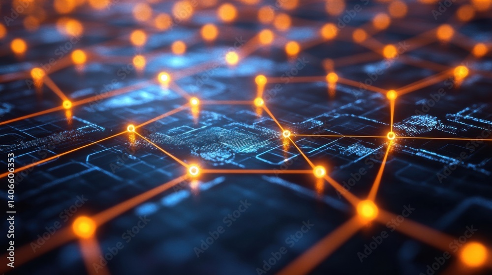 Poster a digital network representation with glowing connections, showcasing a complex web of nodes and cir