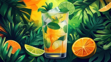 Naklejka premium Stylized mojito drink with vibrant colors and geometric shapes in a modern design composition