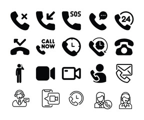 Call icon, call now, 24 hours call service, video call, missed call and ringing icon pack.