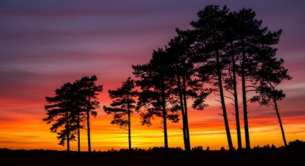 Fototapeta premium Silhouetted Pines at Sunset: A Fiery Landscape Painting