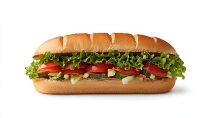 Delicious sandwich with lettuce and tomato on a white background