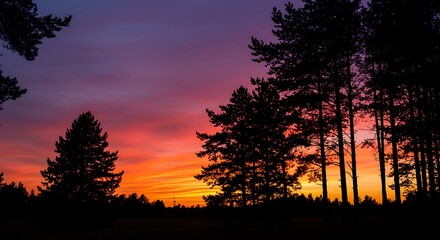 Obraz premium Silhouetted Pines at Sunset: A Fiery, Romantic Landscape