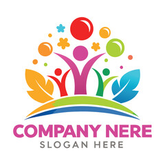 Colorful logo design for a child-focused organization.  Playful figures, leaves, and bubbles
