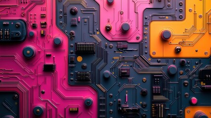 Fototapeta premium A vibrant close-up of a circuit board featuring intricate pathways and colorful components in shades of pink, blue, and orange.
