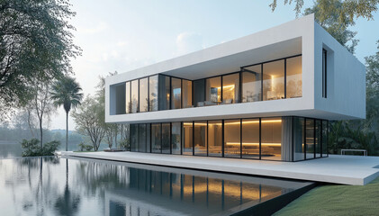 Fototapeta premium Modern architectural design showcases private house with large glass windows, surrounded by greenery and serene water feature. structure reflects contemporary aesthetics and tranquility