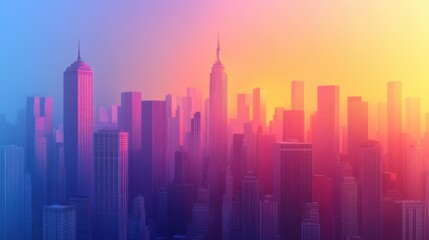 Fototapeta premium A stunning city skyline at sunset, showcasing tall skyscrapers illuminated in vibrant shades of pink, orange, and blue.