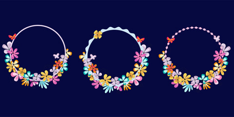 Set of bright easter frames with colorful flowers and butterflies. Easter celebration background. Spring frame for card, invitation.