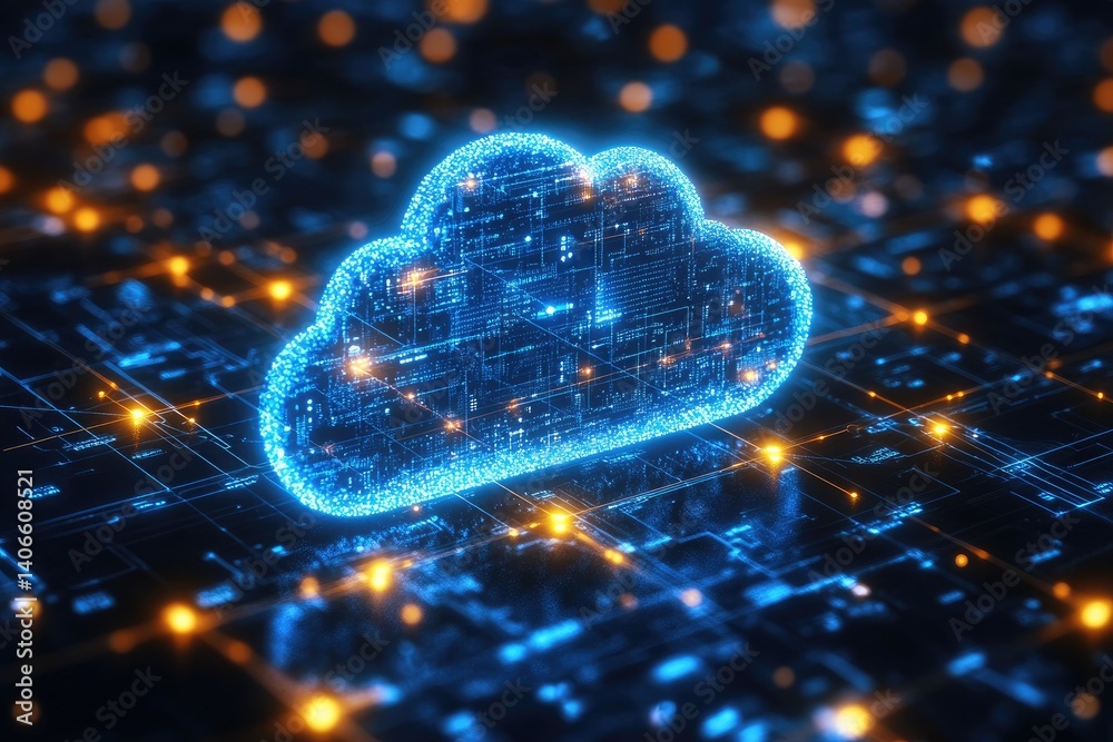 Canvas Prints luminous blue cloud amidst glowing tech. networked system shines with orange nodes across the circui