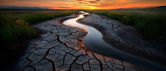 Sunset over a dried-up creek bed