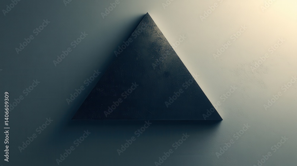 Poster a dark triangular shape is displayed against a textured wall, creating a minimalist and modern aesth