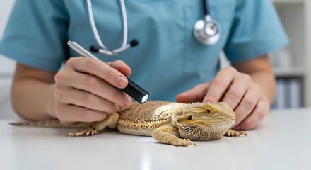 Obraz premium Veterinarian Examining a Bearded Dragon with a Flashlight During a Veterinary Checkup