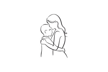 A heartwarming line art illustration of a mother and child embracing.