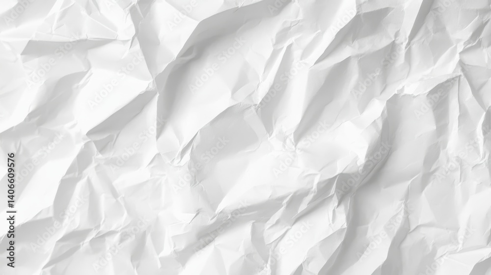 Poster crumpled white paper creating textured, abstract surface with dynamic shadows, serving as minimalist