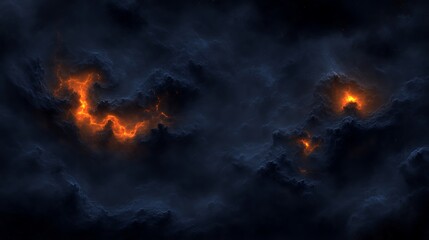 Fiery clouds ignite the inky blackness of a cosmic storm.