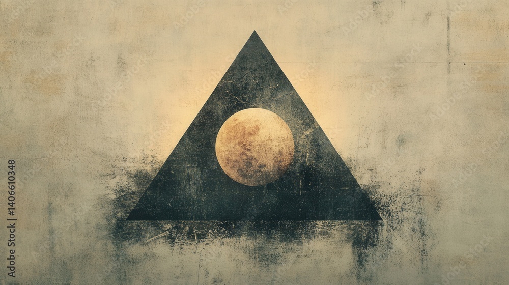 Poster an abstract design featuring a large black triangle with a textured background and a circular elemen