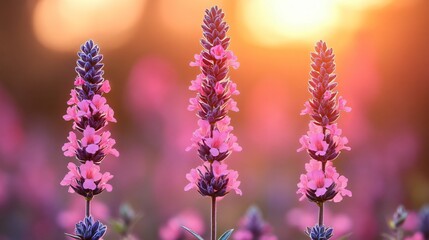 Fototapeta premium Three Pink Lavender Flowers at Sunset in a Field