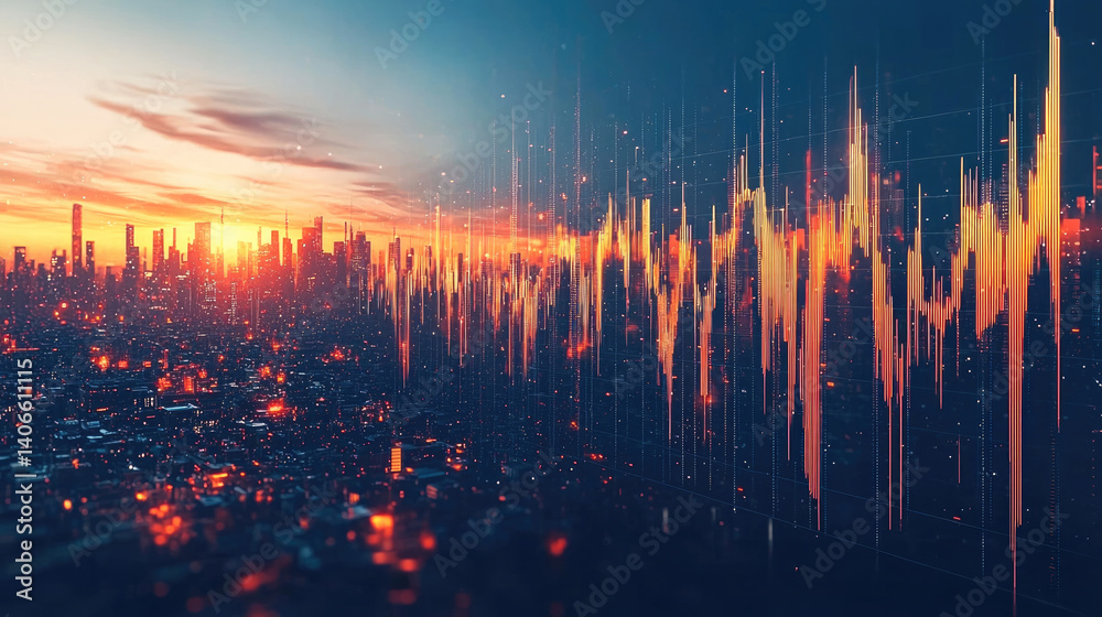 Aufkleber city skyline at sunset with vibrant colors and sound wave graphics overlay, creating dynamic and ene