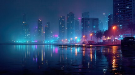 Fototapeta premium ultra-wide cinematic city skyline at night, glowing neon lights, reflections on wet streets, deep blue and purple tones, subtle fog, high detail, perfect for a gaming desktop.