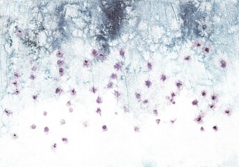 Softness Nature floral landscape. Abstract art meadow landscape. Field with abstract purple flowers on spotted icy gray textured background. Watercolor painting on textured paper.