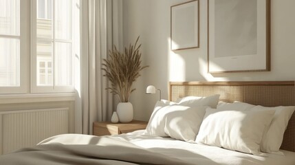 Scandinavian bedroom interior with a minimalist touch and a stylish framed poster on the wall.