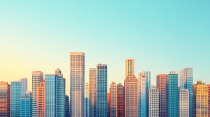 Fototapeta premium A vibrant city skyline at sunrise, showcasing a variety of modern skyscrapers against a clear blue sky.