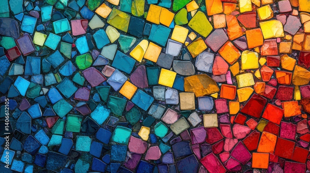 Poster a vibrant mosaic artwork featuring an array of colorful tiles arranged in a dynamic, flowing pattern